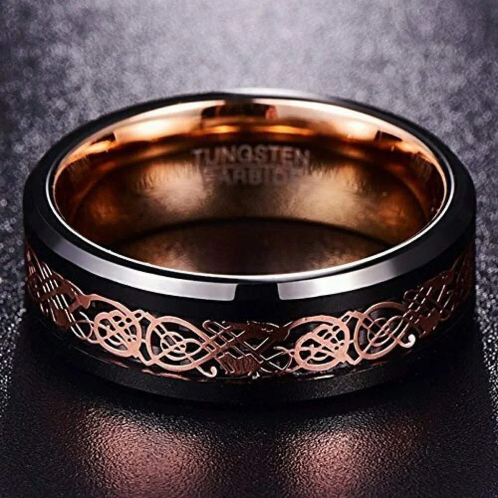 Black and Rose Gold Celtic Tungsten Carbide Ring - Men's Fashion Band